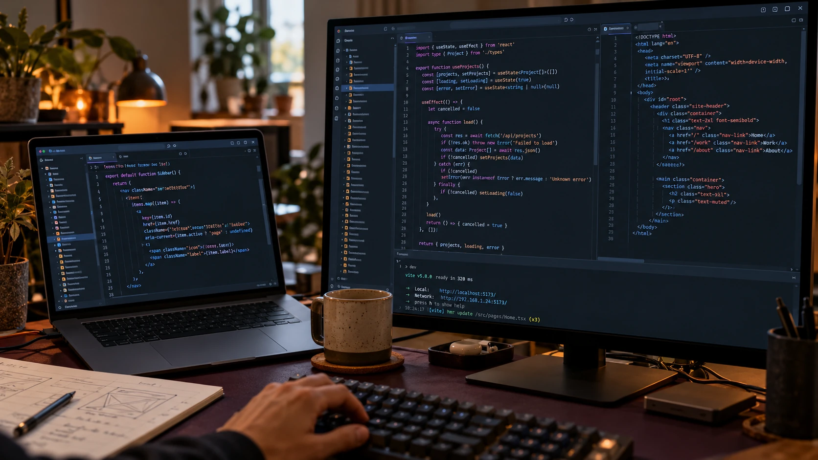 Code editors on a monitor and laptop, with wireframe sketches and a hand at the keyboard