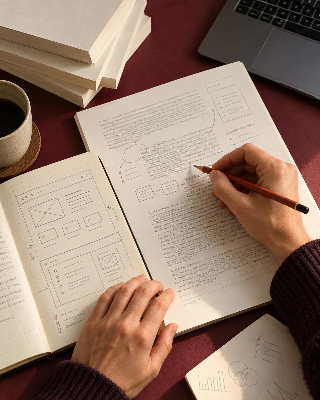 Hands annotating a manuscript beside software wireframes, book proofs and a laptop
